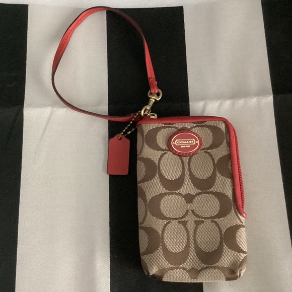 Coach Handbags - Coach Khaki/Red Canvas Leather Wristlet Mini Pouch